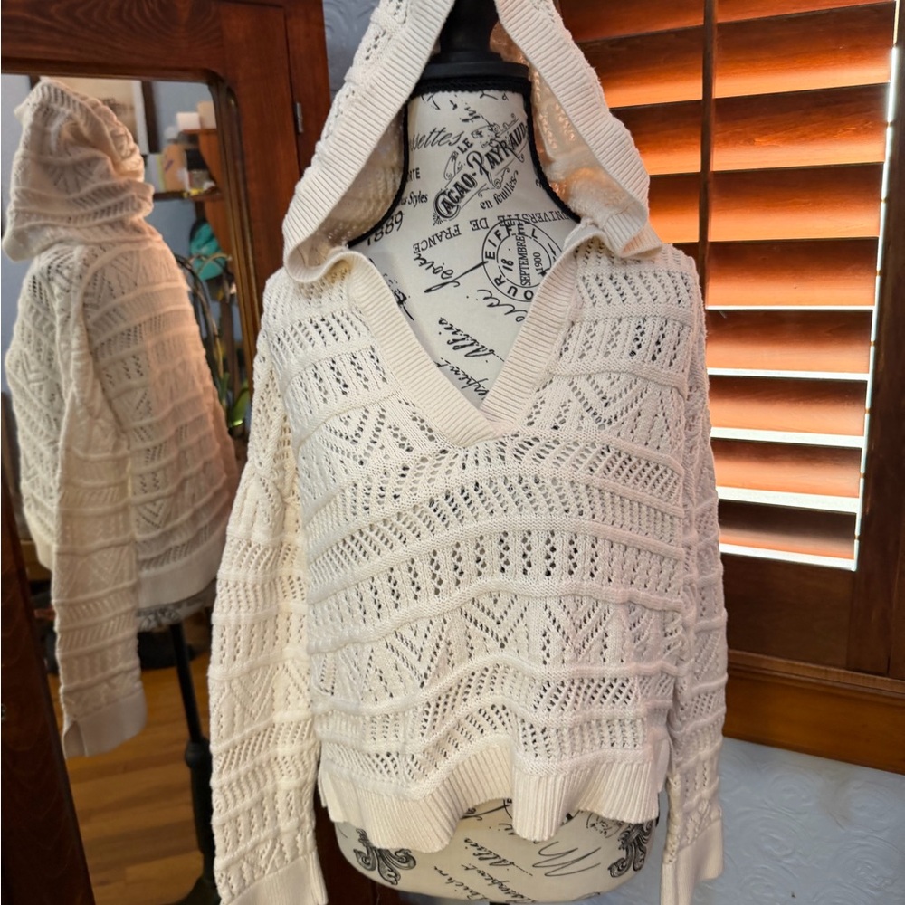 LOFT Cream Open-Knit V-Neck Hoodie Sweater